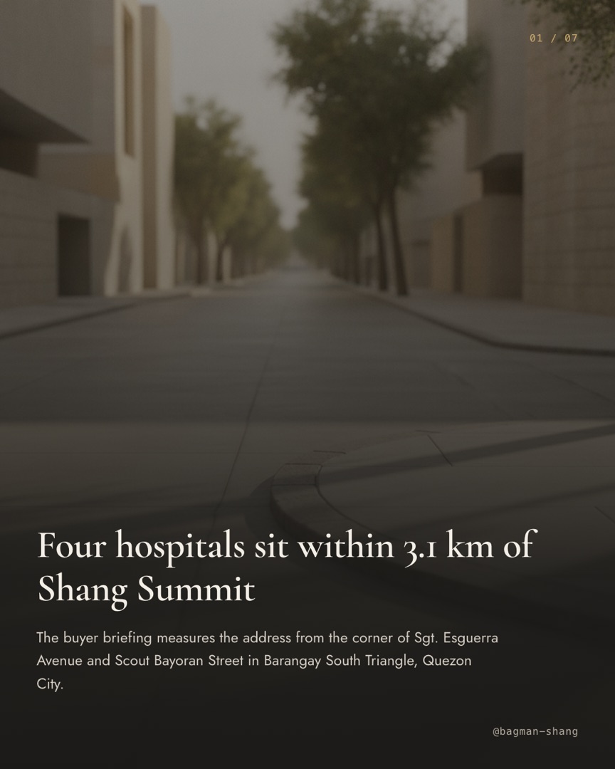 Slide 1: Four hospitals sit within 3.1 km of Shang Summit